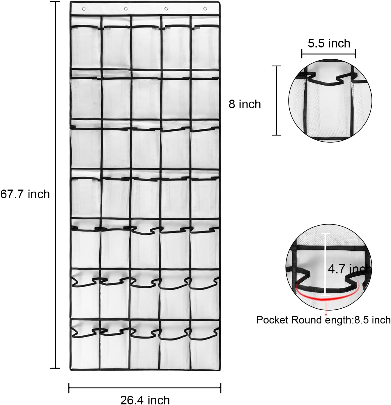 1 Pack 35 Clear Crystal Pockets Large Hanging Shoe Organizer Over The Door Shoe Rack for Closet Door Storage Shoe Holder Hanger, 4Hooks, white (67.7'' x 26.4'')
