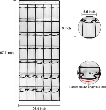 1 Pack 35 Clear Crystal Pockets Large Hanging Shoe Organizer Over The Door Shoe Rack for Closet Door Storage Shoe Holder Hanger, 4Hooks, white (67.7'' x 26.4'')