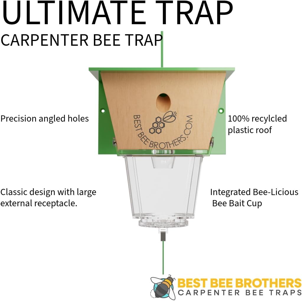 Best Bee Brothers Ultimate Carpenter Bee Trap for Outside | Large Clear External Receptacle, Internal Bee Vault, Spring-Loaded Door, 5.75" L x 6" W x 4.5" H