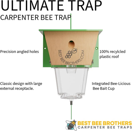 Best Bee Brothers Ultimate Carpenter Bee Trap for Outside | Large Clear External Receptacle, Internal Bee Vault, Spring-Loaded Door, 5.75" L x 6" W x 4.5" H