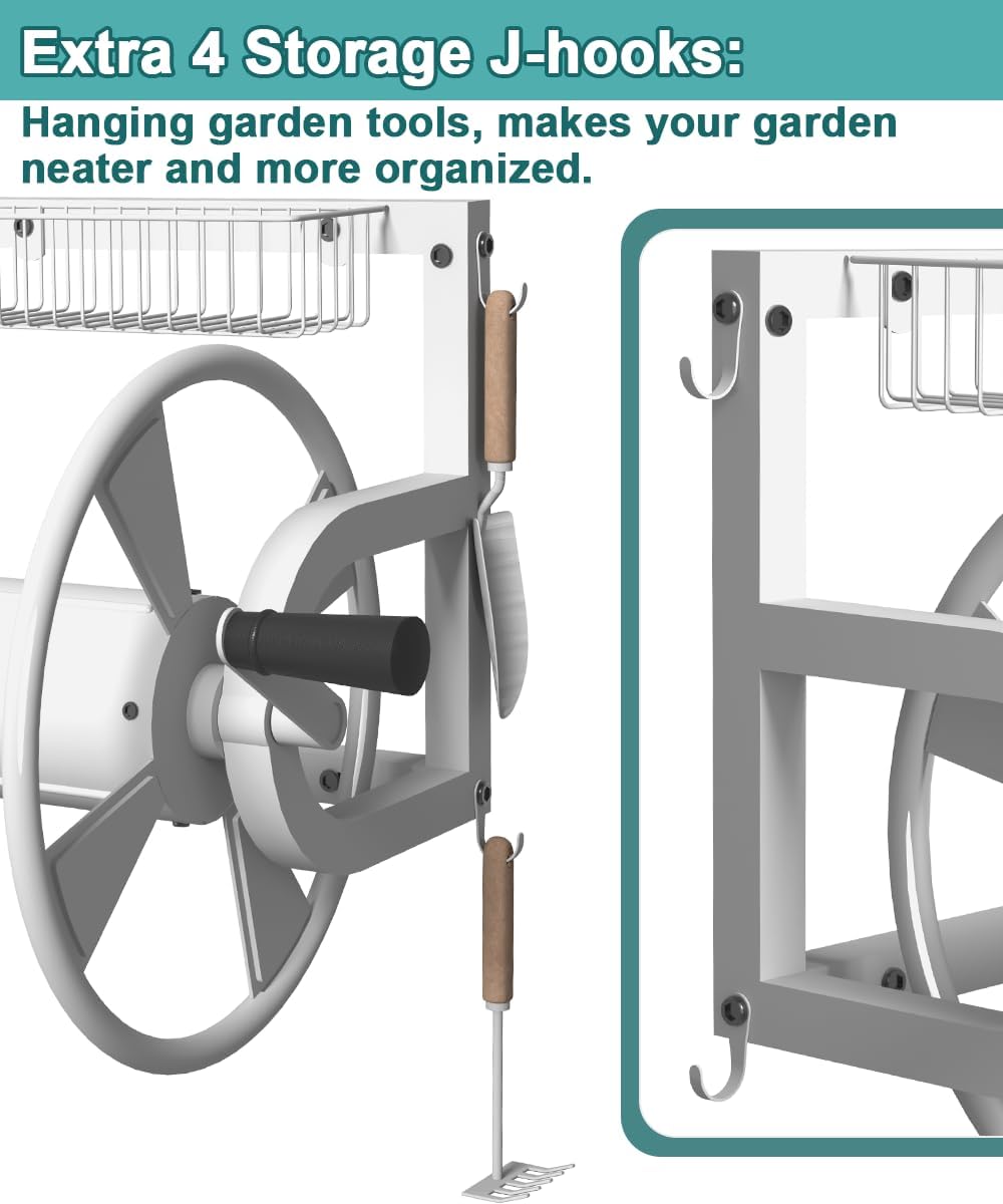 Artigarden Outdoor Wall Mounted Hose Reel with Hook, Garden Heavy-Duty Water Holder Winder with 3.9 ft Leader Hoses, Brass Fitting and Storage Basket for Yard, Holds 125 Ft of 5/8-Inch Hose, Black
