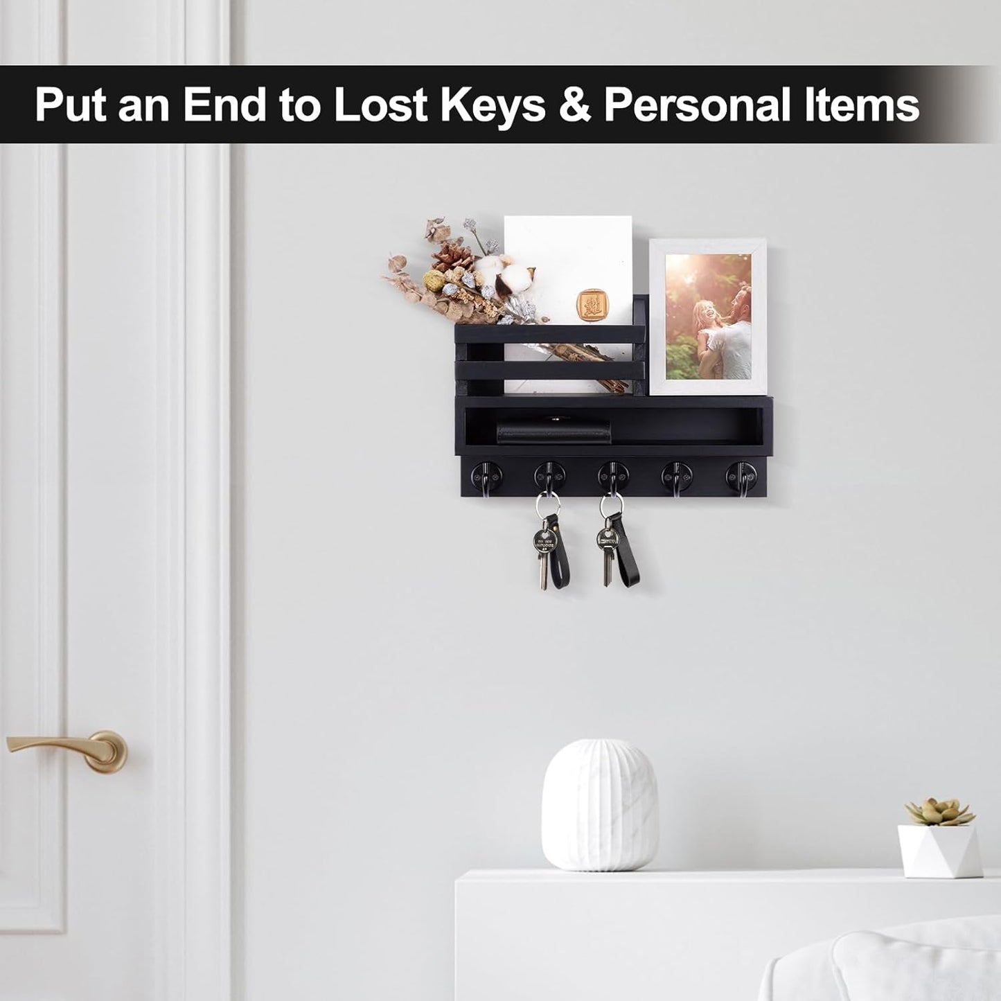 Key and Mail Holder Wall Mount, Key Hanger with Long Storage Box and 5 Hooks for Coat, Dog Leash, Home Decor Rack, House Accessories, Entry Way Organizer 11.8”W x 7.8”H x 3.2”D