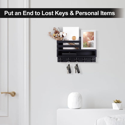 Key and Mail Holder Wall Mount, Key Hanger with Long Storage Box and 5 Hooks for Coat, Dog Leash, Home Decor Rack, House Accessories, Entry Way Organizer 11.8”W x 7.8”H x 3.2”D