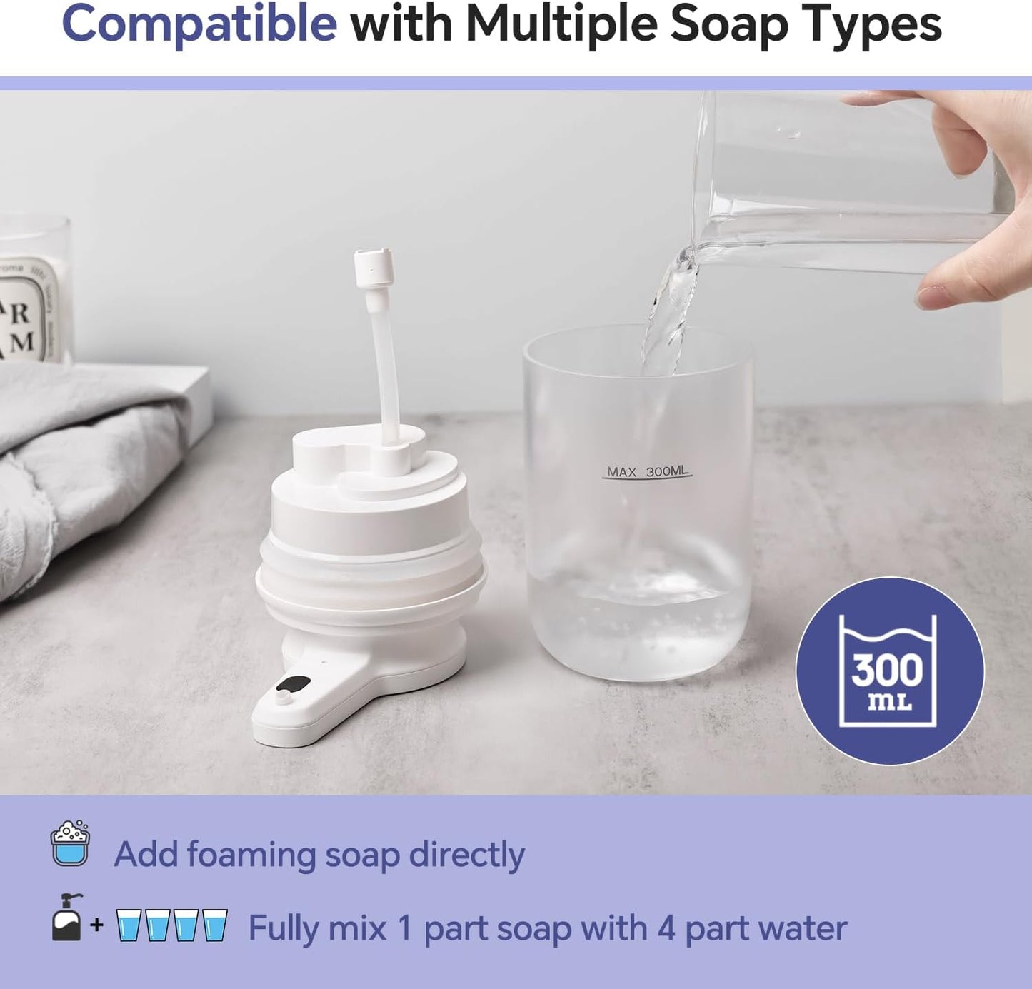 Automatic Foaming Soap Dispenser, Rechargeable Touchless Foam Hand Soap Dispenser for Bathroom, Soap Pump for Kitchen, Water-Resistant, Xmas Gift 10oz