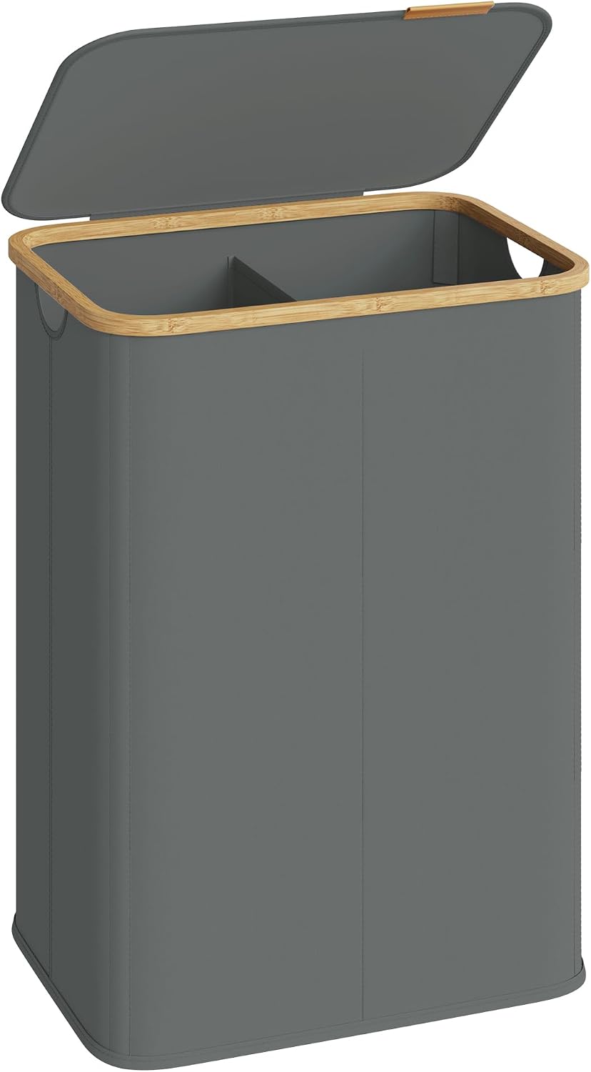 SONGMICS Laundry Hamper, Laundry Basket with Lid, Foldable Storage Basket, Bamboo Frame, for Bedroom, Living Room, Oxford Fabric, 37 Gal. (140 L), Cream White ULCB519WD01
