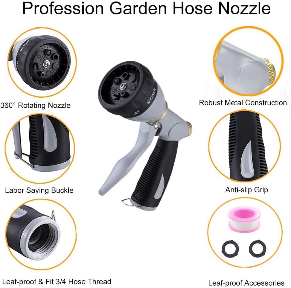 Garden Hose Nozzle Heavy Duty, High Pressure Adjustable 8 Patterns | Metal Water Hose Nozzle Volume Control Valve Attachment Hose Sprayer Nozzle for Outdoor Garden Watering Car Washing
