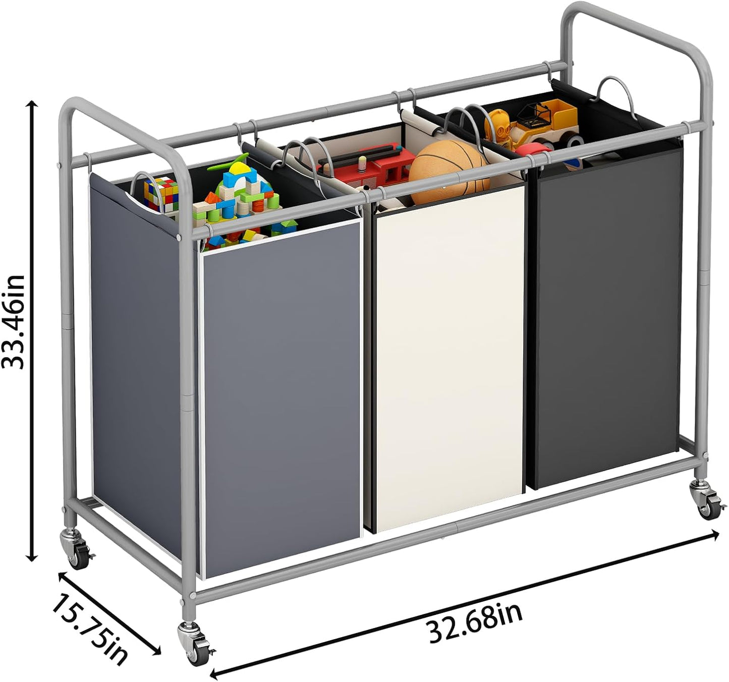 LINZINAR 3-Bag Laundry Hamper, Black Laundry Basket, 35.6 Gal(135 L) Laundry Sorter Cart Laundry Room Organization with Heavy Duty Rolling Lockable Wheels and Removable Bags