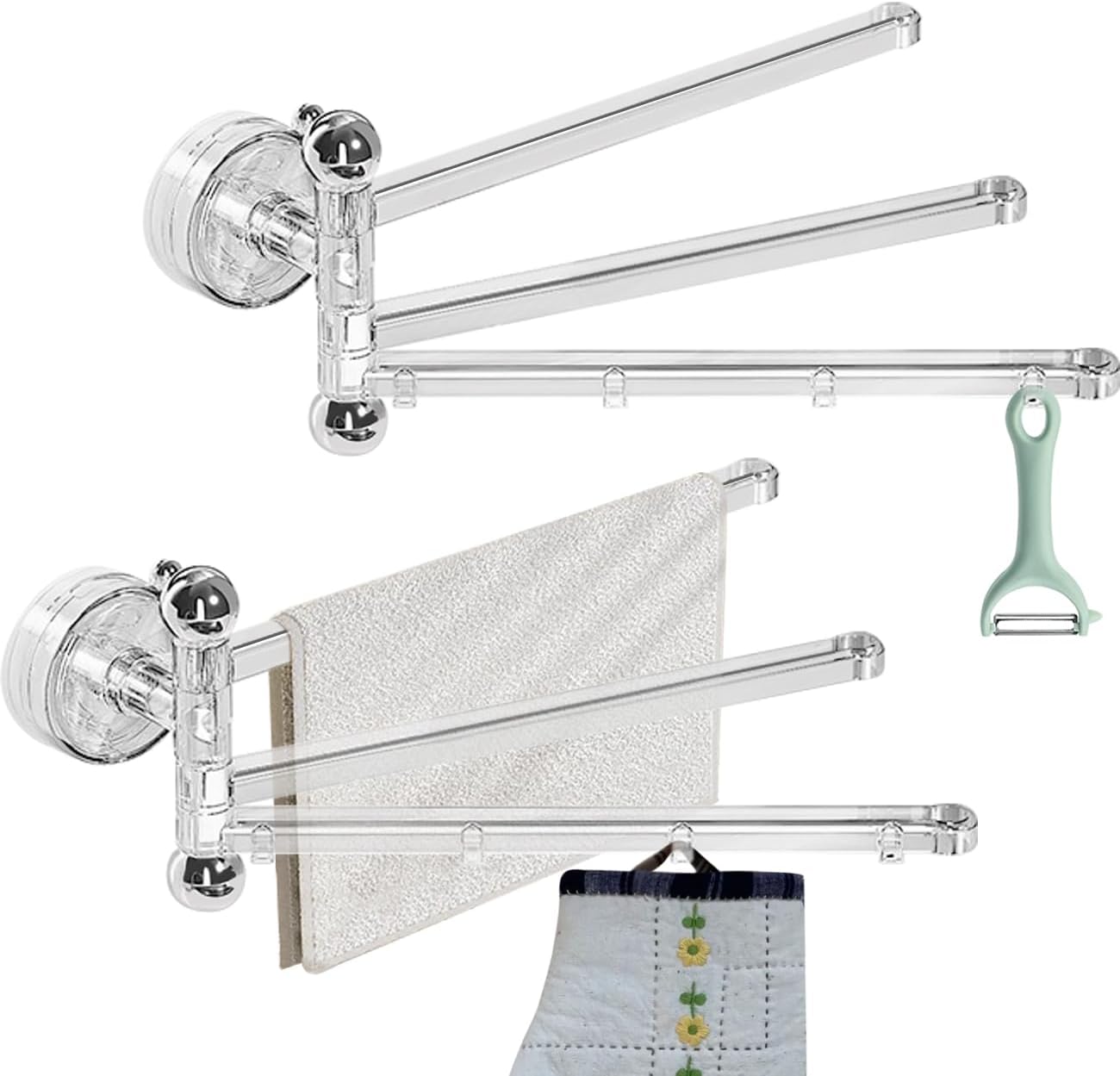 2PCS Swivel Suction Cup Towel Bar 3 Swing Arms 270°Rotation Wall Mounted Cloth Drip Dry Holder Multifunctional Storage Rack for Bathroom and Kitchen Accessories Beige