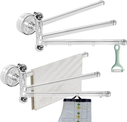 2PCS Swivel Suction Cup Towel Bar 3 Swing Arms 270°Rotation Wall Mounted Cloth Drip Dry Holder Multifunctional Storage Rack for Bathroom and Kitchen Accessories Beige