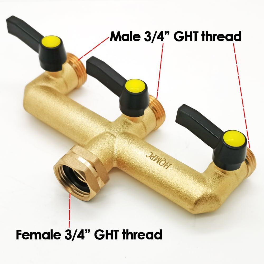 HQMPC Hose Splitter Garden Hose 3 Way Valve Brass Hose Splitter with Solid Long Handle Hose Spigot Splitter 3 Way Valve 3/4" GHT Thread