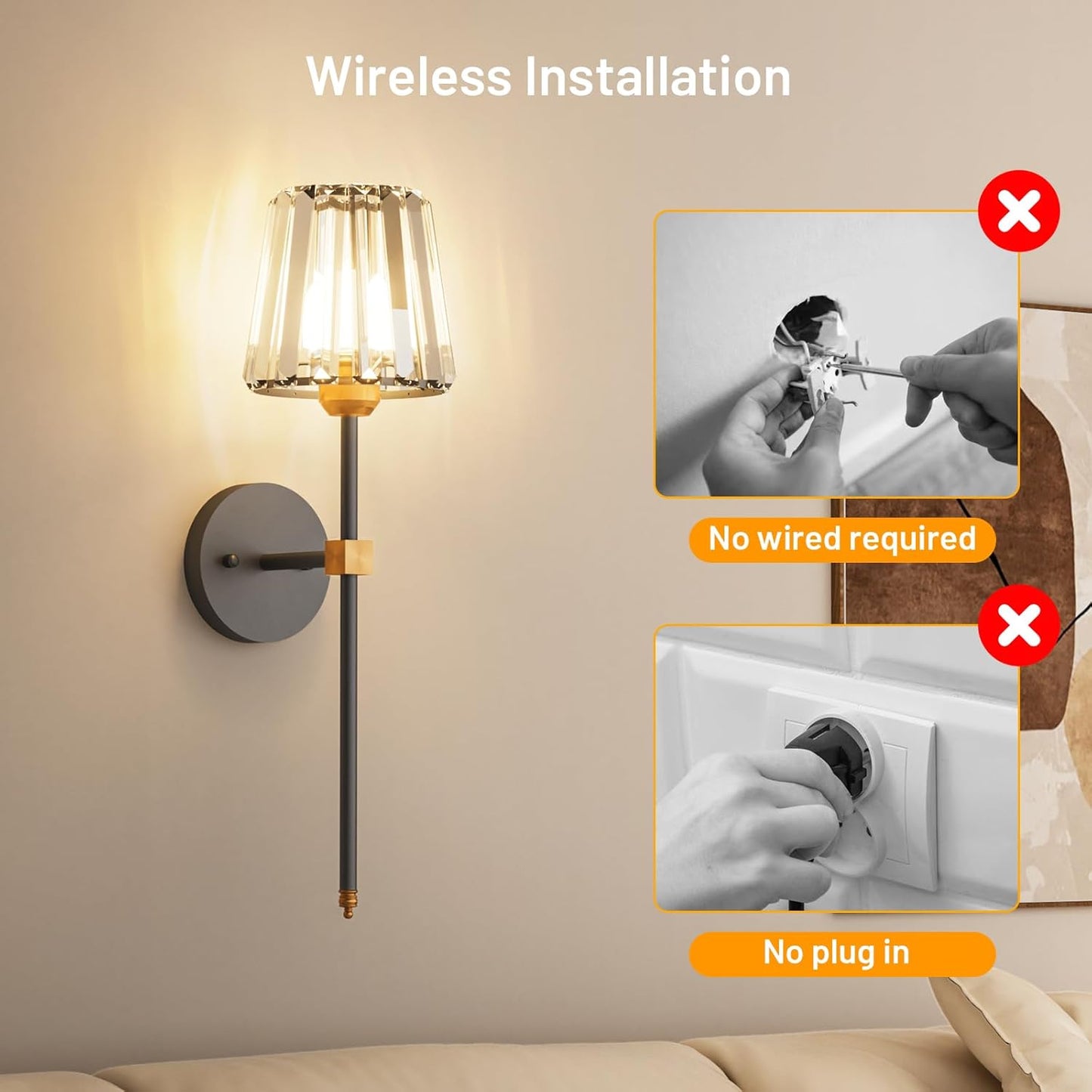Crystal Battery Operated Wall Sconces Set of 2, Gold Rechargeable Wireless Wall Sconce Lights with Crystal Lampshade, 12 RGB and 3CCT Dimmable Wall Lamps with Remote for Bedroom Living Room Hallway