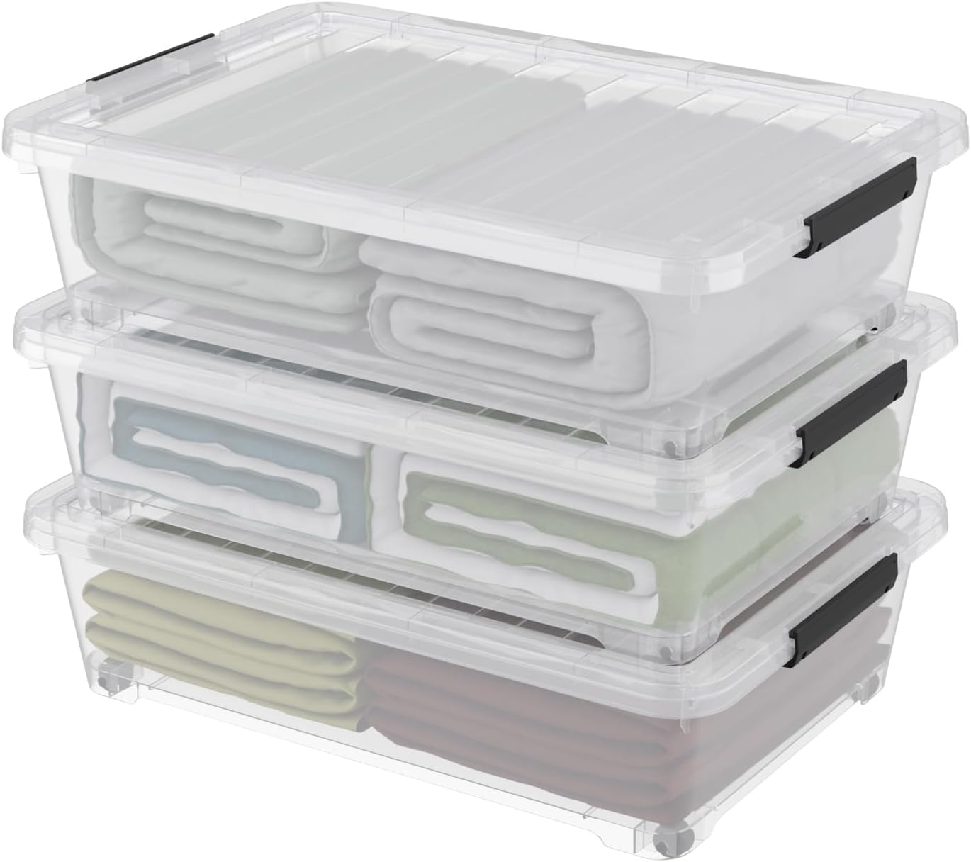 Hespama 3 Pack Plastic Rolling Storage Box Bin for Under the Bed, 20 Quart | Lidded Storage Container Bin, Clear