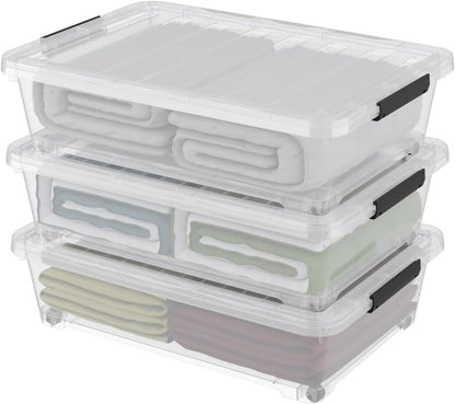 Hespama 3 Pack Plastic Rolling Storage Box Bin for Under the Bed, 20 Quart | Lidded Storage Container Bin, Clear
