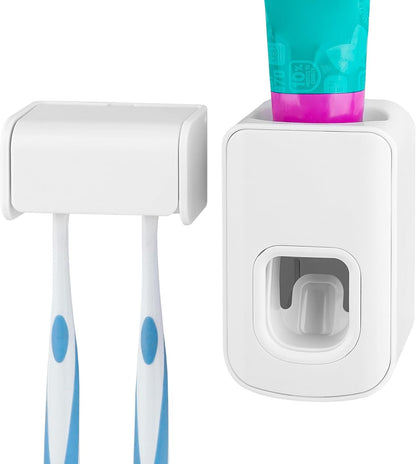 Toothbrush Holder Wall Mounted with Cover for Bathroom, 2 Slots Toothbrush Storage Organizer for Shower, Self Adhesive Toothbrush Hanger with Automatic Toothpaste Squeezer Dispenser