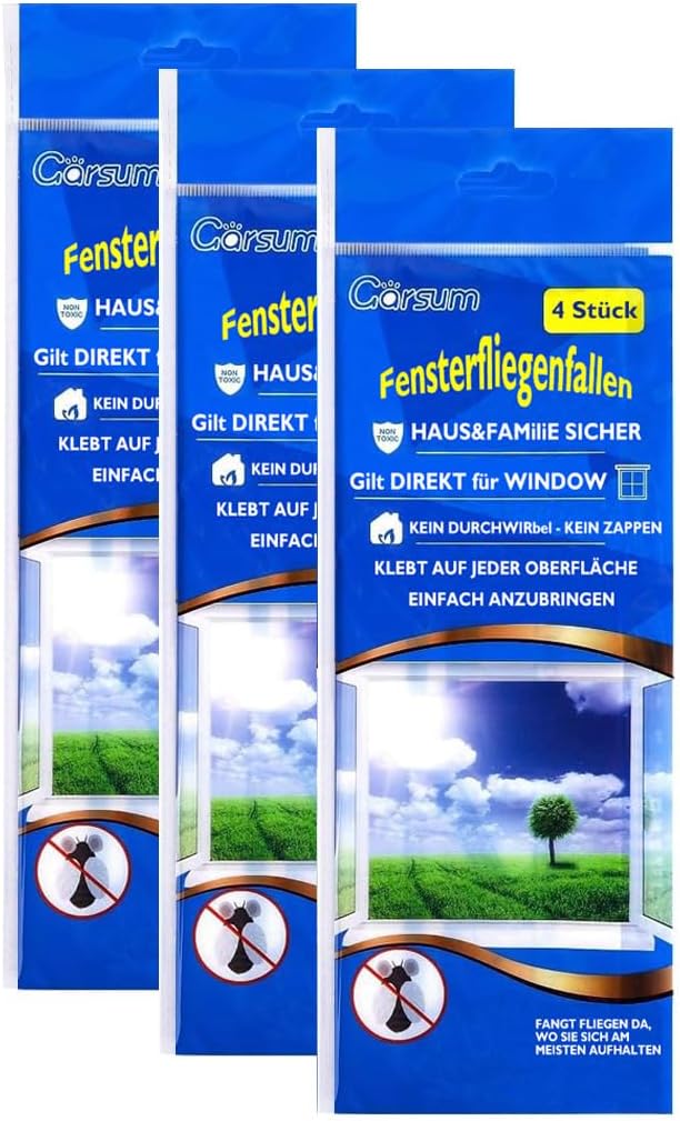 Garsum Window Fly Traps Indoor, Fly Paper Bug Sticky Strips, House Fly Killer Window Decal Non-Toxic，12 Pack