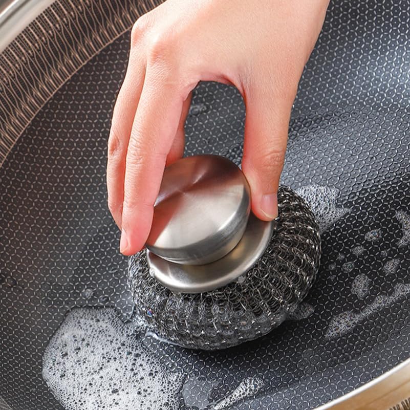 Stainless Steel Scrubber with Handle BBQ Grill Scrubber for Pots Pans and Dishes Non-Scratch Kitchen Metal for Tough Stains Scrubbing Tool 3.54X2.16X2.16In