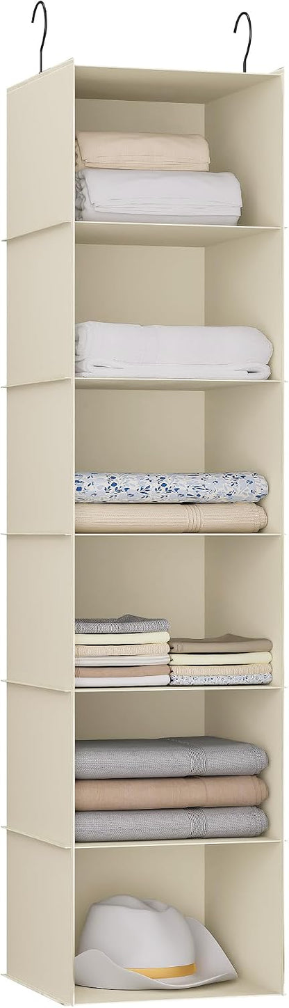 Hanging Closet Organizer 3-Shelf, Oxford Fabric Wardrobe Storage, Gray | Easy-mount foldable design holds clothes, handbags, shoes & accessories; washable Oxford fabric, sturdy and space-saving.
