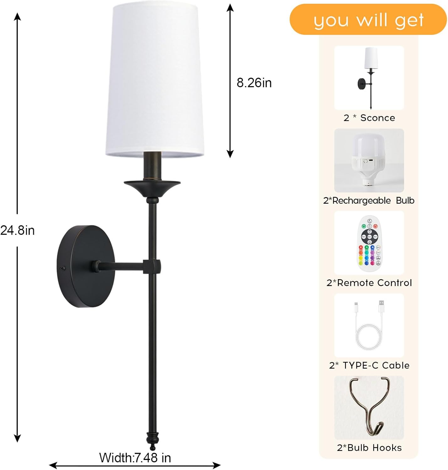 PASSICA DECOR Battery Operated Wall Sconce Set of 2 - Rechargeable Cordless Lights with Remote, Dimmable RGB Timer Wireless Sconces for Bedroom, Living Room, Hallway
