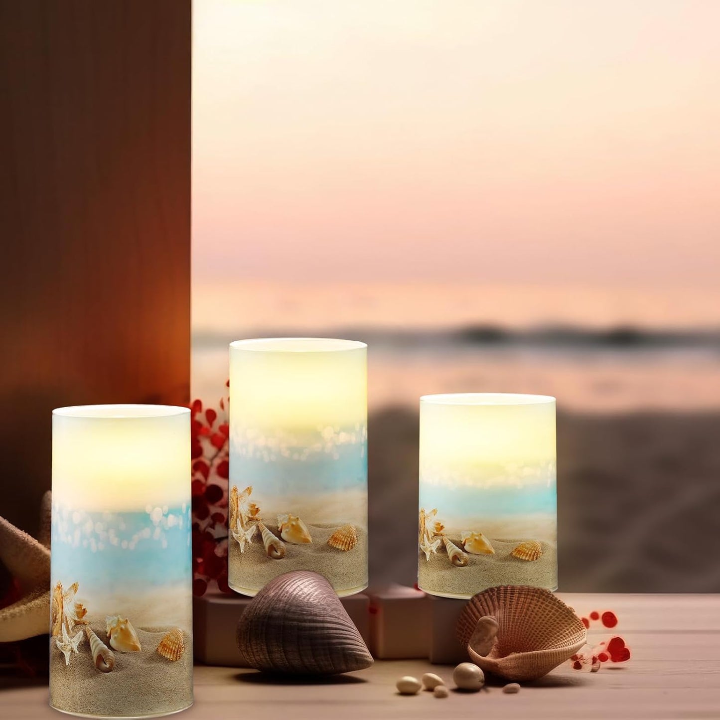 Tujoe 3 Pcs Summer Ocean Flameless Candles Teal Beach LED Battery Pillar Candles Set Battery Operated Coastal Nautical Decorations Flickering Gifts with Remote Decorations for Holiday