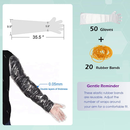 50 Pcs Disposable Long Gloves Full Arm Shoulder Length 35.5 Inch Plastic Dressing Gutting Gloves for Field Dressing House Cleaning Gardening (Come with 20 Free Rubber Bands)