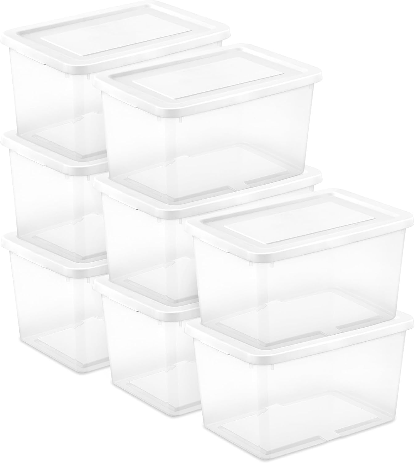 Sterilite 6 Pack Storage Box, 41 Quart Stackable Tote, Clear Plastic Container with Secure Snapping White Lids for Home and Office Organization