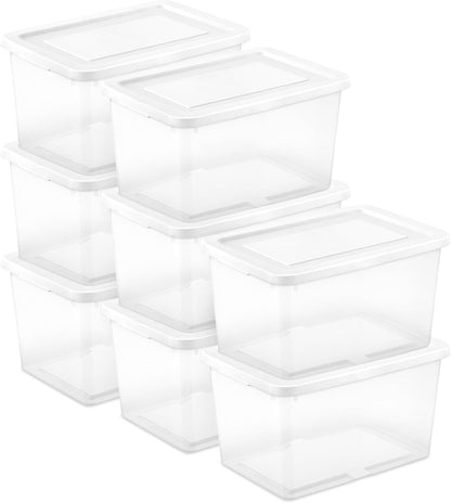 Sterilite 6 Pack Storage Box, 41 Quart Stackable Tote, Clear Plastic Container with Secure Snapping White Lids for Home and Office Organization