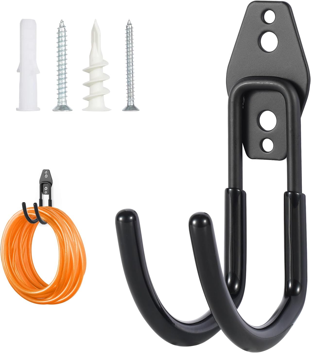 Hose Hanger Wall Mount 2 Pack,Heavy Duty Hose Holder with Screws Metal Hose Hangers for Outside,Hose Rack Suitable for Garage,Garden and Yard,Black
