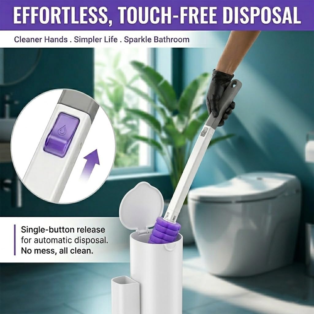 2-Pack Disposable Toilet Bowl Cleaner Wand and Holder with 48 Refills, Wall Mounted Toilet Brush Disposable System, Long Handle Toilet Cleaner Kit with Silicone Hooks & Gloves for Bathroom Cleaning
