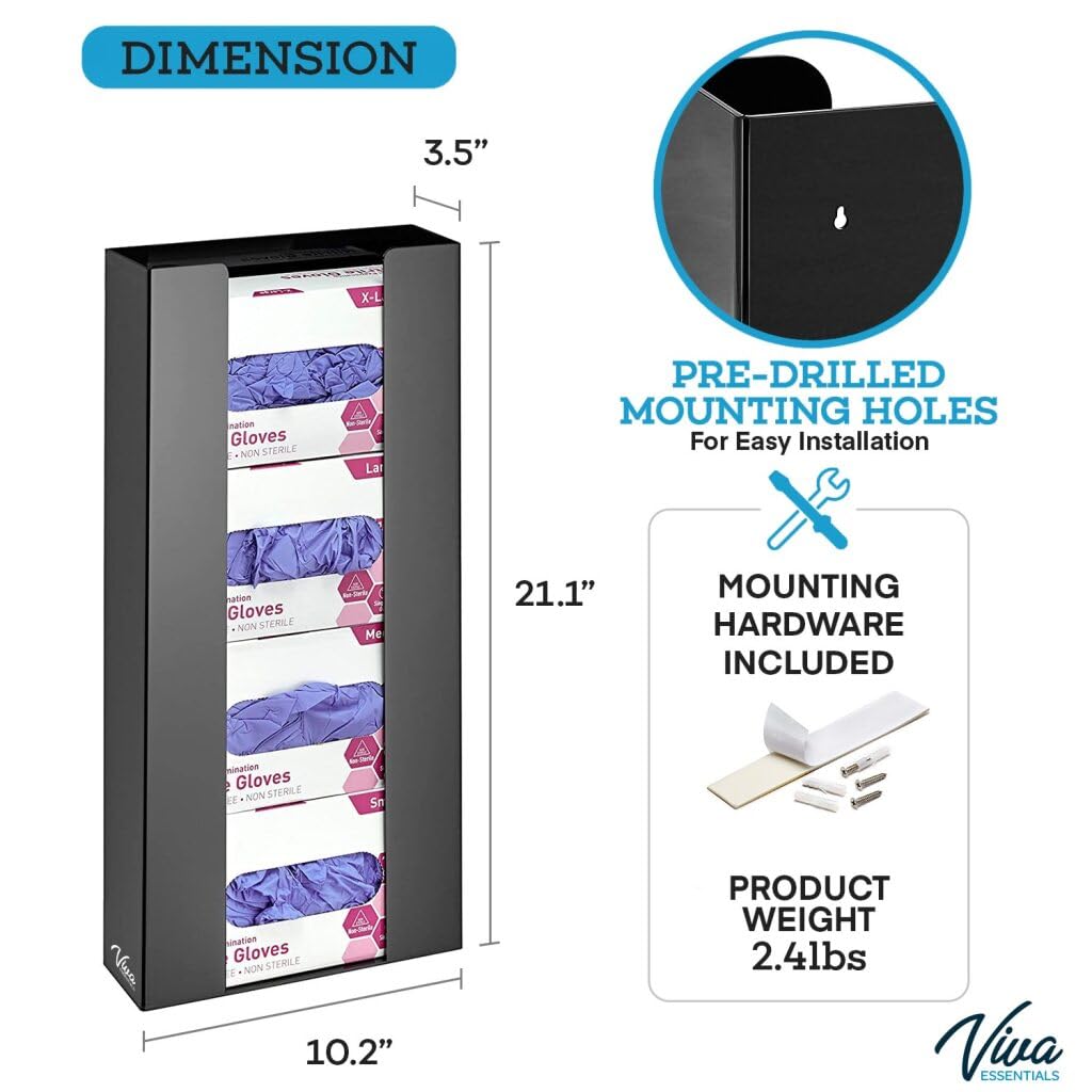 AdirMed VivaEssentials Double Glove Box Holder, Wall Mount or Free Standing Black Acrylic Glove Holder