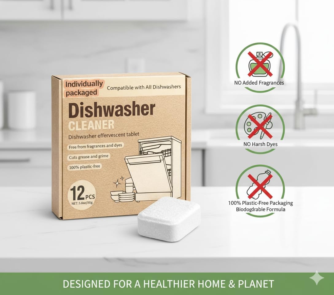 Dishwasher Cleaner Tablets | Eliminates Limescale, Grease & Odors | Septic Safe, Fragrance-Free, Plastic-Free | Deep Clean & Maintain All Dishwashers
