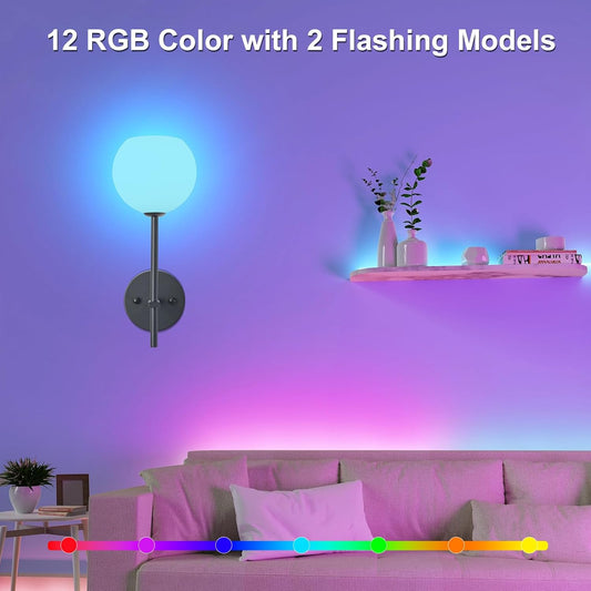 Brass Battery Operated Wall Sconces Set of 2, Rechargeable Wireless Wall Lights with Milky White Frosted Glass, 12 RGB and 3CCT Dimmable, Wall Lamps with Remote for Bedroom Living Room Hallway