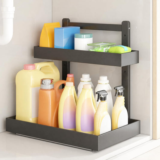 Under Sink Organizer - 2-Tier Pull Out Cabinet Organizer Vertical Slide Out Sink Shelf Storage Shelves for Multi-Purpose Bath Kitchen Bathroom Medicine (Nature, 2 Packs)