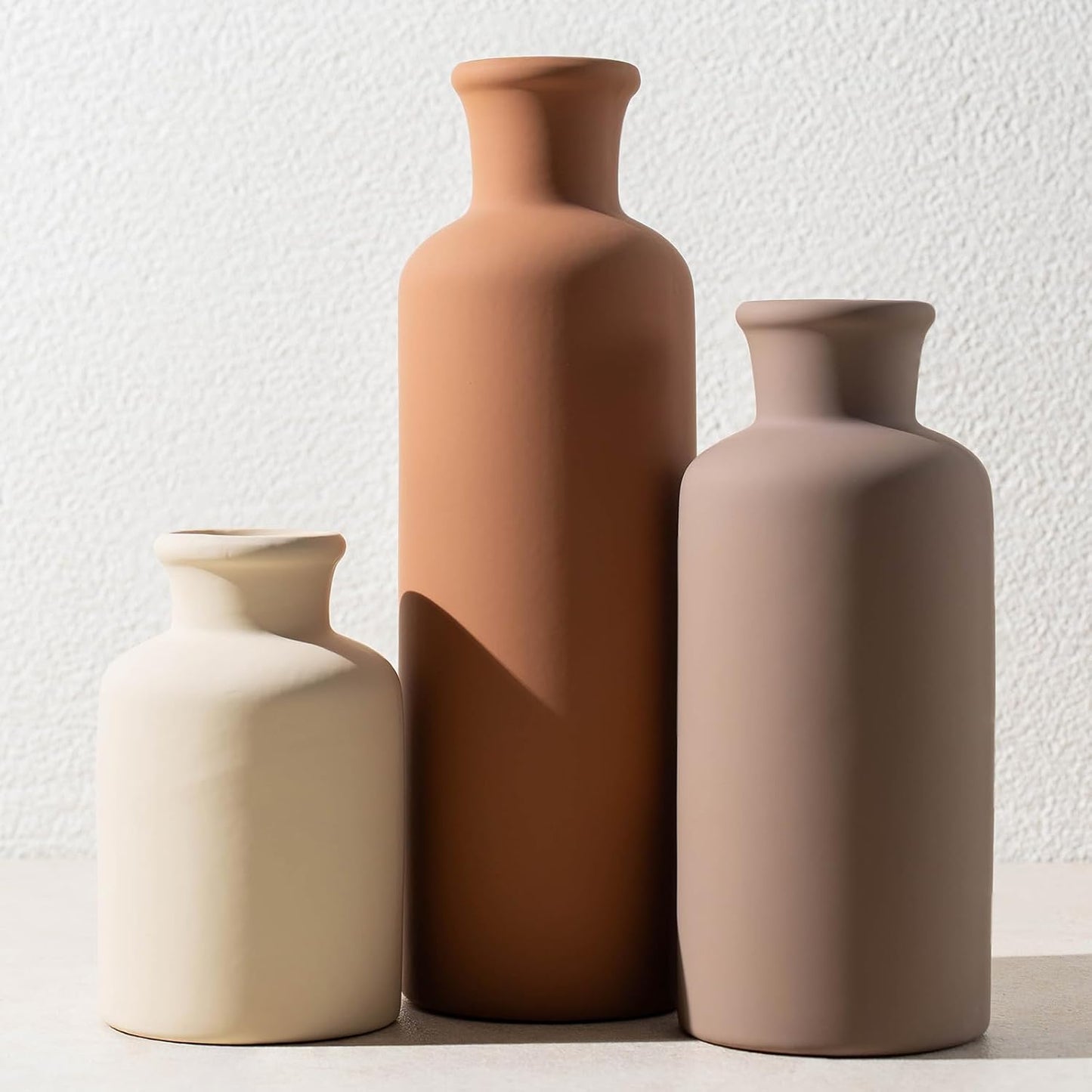Ceramic Vase Set of 3, Modern Minimalist Neutral Home Decor, Boho Rustic Farmhouse Decorative Vases for Pampas Grass Dried Flowers | Table Centerpiece Entryway Mantel Bookshelf(Black Mix Set - Gray#1)