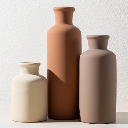Ceramic Vase Set of 3, Modern Minimalist Neutral Home Decor, Boho Rustic Farmhouse Decorative Vases for Pampas Grass Dried Flowers | Table Centerpiece Entryway Mantel Bookshelf(Black Mix Set - Gray#1)