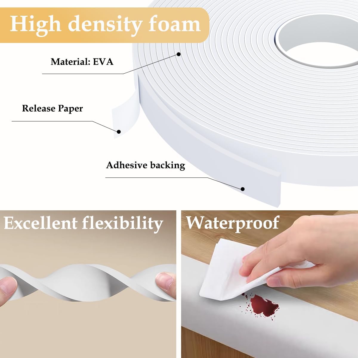 Weather Stripping Door Seal White,1/2Inch Wide X 1/4 Inch Thick,Air Conditioner Window Seal,Self Adhesive Foam Tape High Density Foam Sealing Strip,Soundproof Foam Tape Roll,Total 16.4 Feet Long
