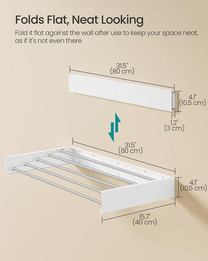 SONGMICS Wall Mounted Drying Rack, Clothes Drying Rack Foldable, 39.4 Inches Wide Laundry Clothes Airer with Wall Template, 6 Fold-Out Aluminum Alloy Bars, Indoor, Matte White ULLR810WE01
