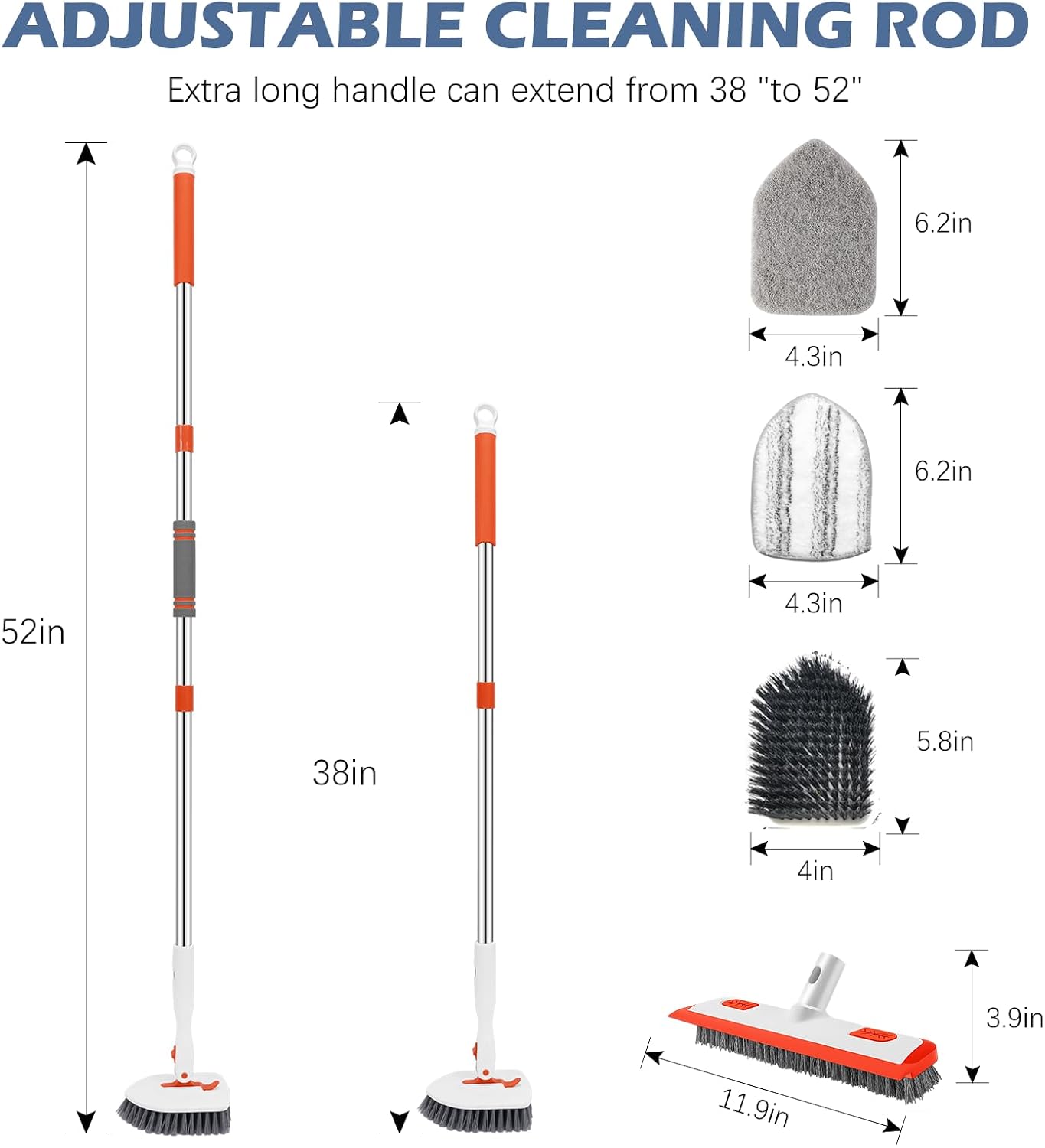 SetSail Tile Tub Scrubber Brush 3-in-1 Shower Scrubber with 52-inch Adjustable Long Handle Shower Cleaner Brush and 3 Detachable Replacement Brush Heads for Cleaning Bathroom Kitchen Walls Tub Tile
