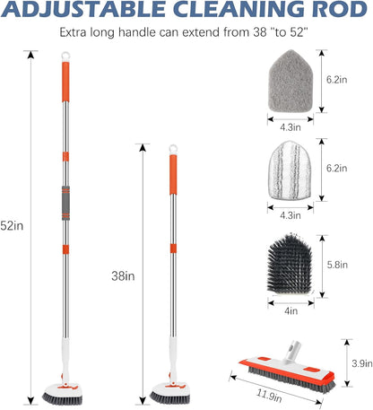 SetSail Tile Tub Scrubber Brush 3-in-1 Shower Scrubber with 52-inch Adjustable Long Handle Shower Cleaner Brush and 3 Detachable Replacement Brush Heads for Cleaning Bathroom Kitchen Walls Tub Tile