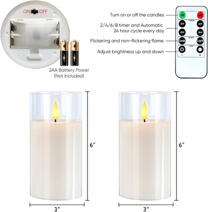 5plots Glass Battery Operated White Flameless Candles with Remote Timer, 3D Wick Real Wax Pillar Led Candles Warm Flickering Light for Indoor Home, Halloween, Christmas Decor, Set of 3, D3 x H4 5" 6"