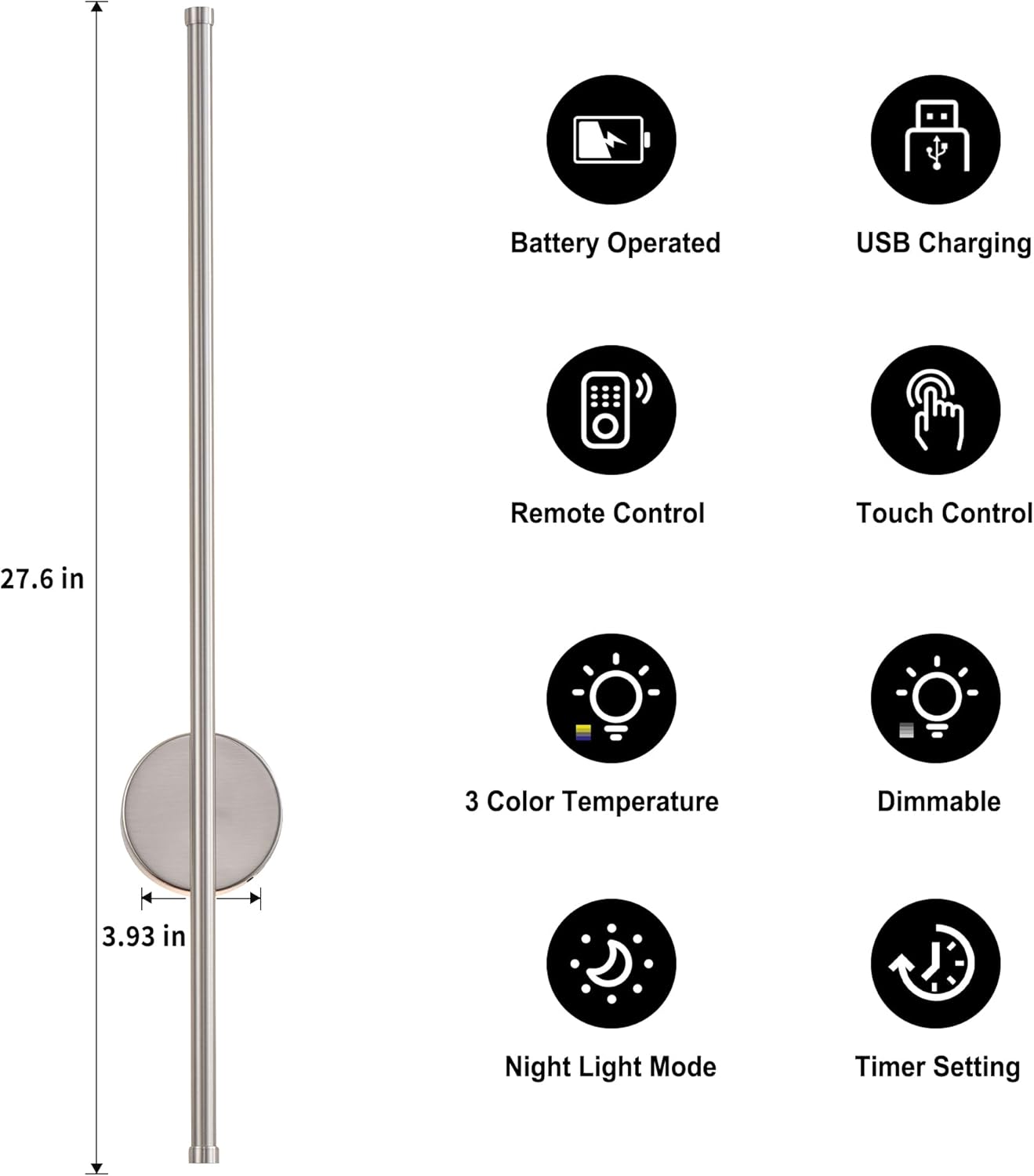Battery Operated Modern Wall Sconces, Dimmable Wireless Wall Light Set of Two with Remote Control, 3 Color Temperatures, Rechargeable LED Wall Sconce for Bedroom, Living Room, Hallway, 23.6 Inch Brass