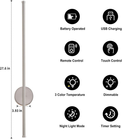 Battery Operated Modern Wall Sconces, Dimmable Wireless Wall Light Set of Two with Remote Control, 3 Color Temperatures, Rechargeable LED Wall Sconce for Bedroom, Living Room, Hallway, 23.6 Inch Brass