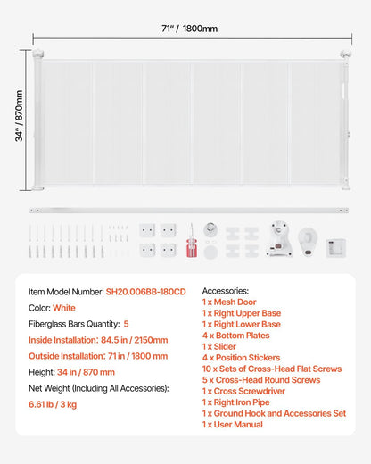 VEVOR Retractable Baby Gate, 34 inch Tall, Extends up to 71 inch Wide, Retractable Gate for Kids or Pets, Mesh Material, Easy to Install for Indoor Stairs, Doorways, Hallways, Playrooms, Gray