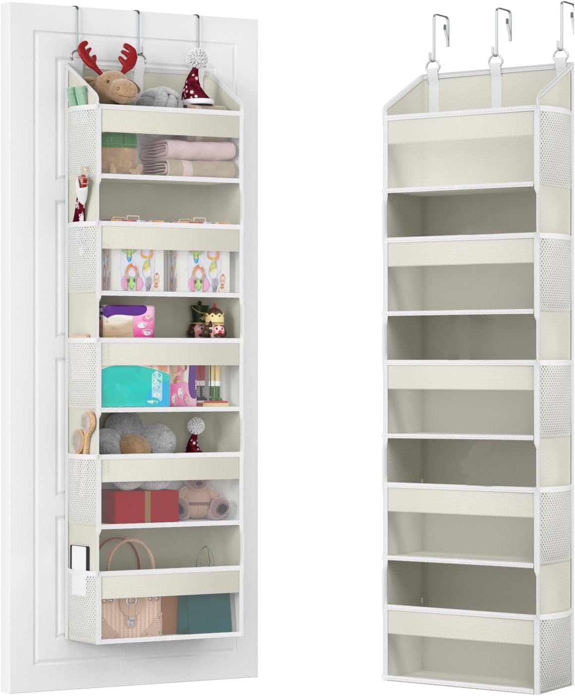 Over the Door Organizer with 5 Front & 10 MeshSide Pockets, 50LB Capacity Extra Large Nursery & Bathroom Hanging Storage Organizer Multi-Room Space-Saving Designwith 3 Hook for Kitchen, Pantry,Grey