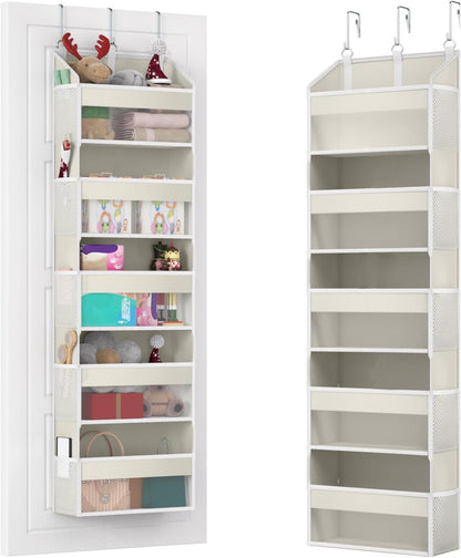 Over the Door Organizer with 5 Front & 10 MeshSide Pockets, 50LB Capacity Extra Large Nursery & Bathroom Hanging Storage Organizer Multi-Room Space-Saving Designwith 3 Hook for Kitchen, Pantry,Grey