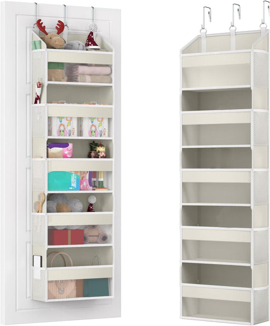 Over the Door Organizer with 5 Front & 10 MeshSide Pockets, 50LB Capacity Extra Large Nursery & Bathroom Hanging Storage Organizer Multi-Room Space-Saving Designwith 3 Hook for Kitchen, Pantry,Grey