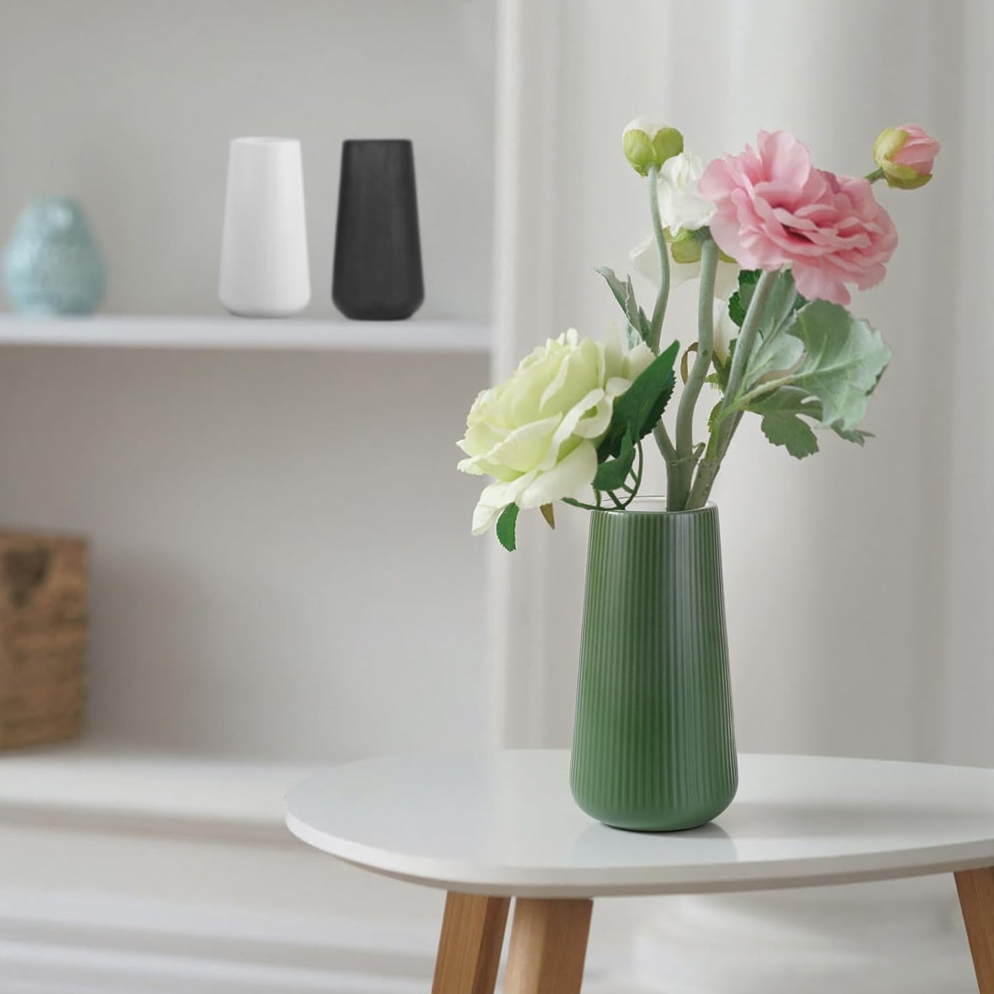 White Ceramic Vase, GUKJOB Small Cute Flower Vase for Pampas Grass, Home, Living Room, Dining Table, Farmhouse, Office Decor, Bedroom, Table, and Kitchen Shelf (White- 2PCS)