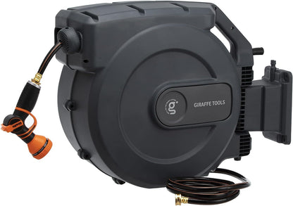 Giraffe Tools Retractable Garden Hose Reel 1/2 Inch x 130 ft, Super Heavy Duty, Any Length Lock, Slow Return System, Wall Mounted and 180 Deg Swivel Bracket