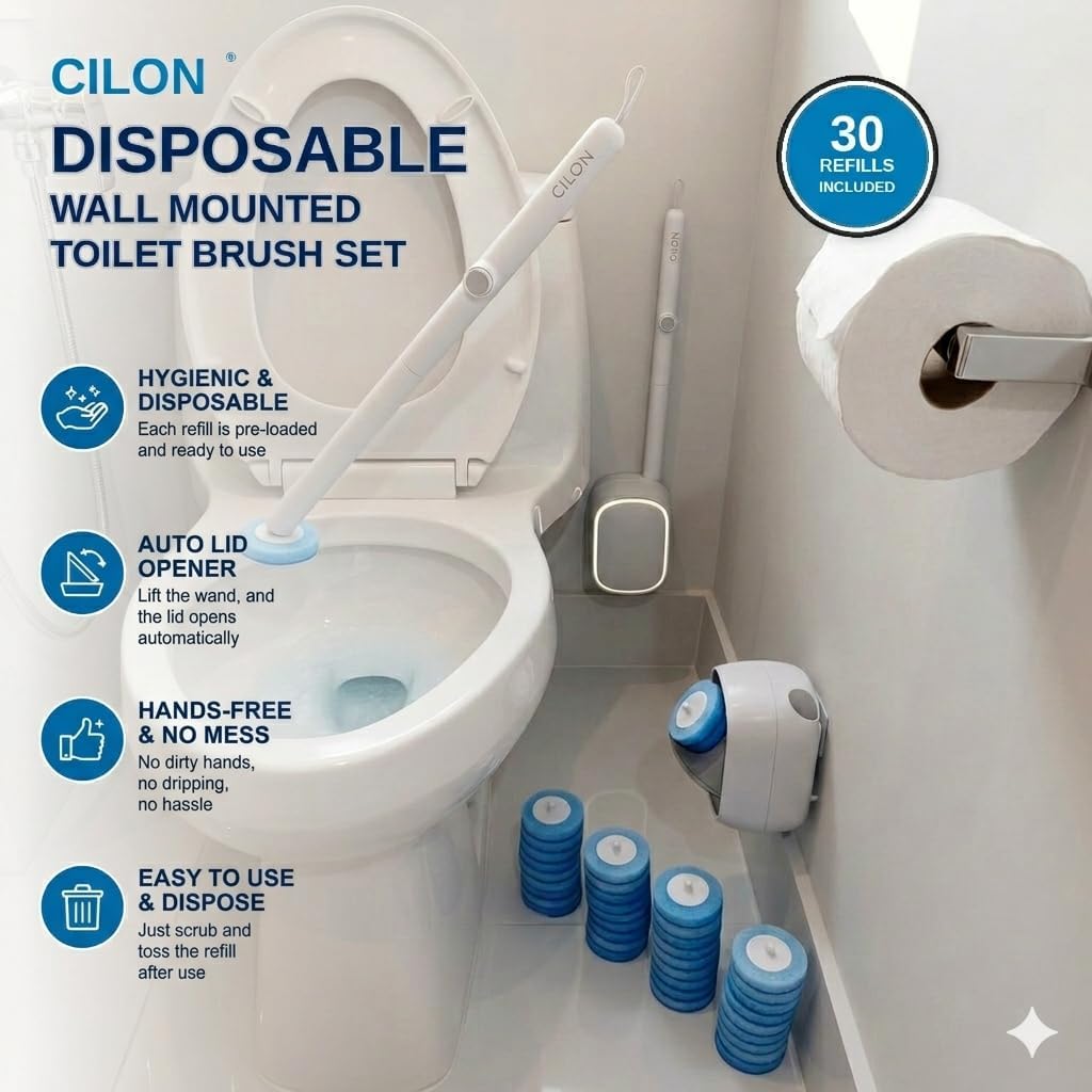 CiLoN 30 Pack Auto-Open Lid Disposable Toilet Bowl Brush & Holder System | Wall-Mounted Disposable Toilet Cleaning Set For Touch-Free Space-Saving Hygienic Modern Bathrooms (Starter Kit + 30 Sponge)