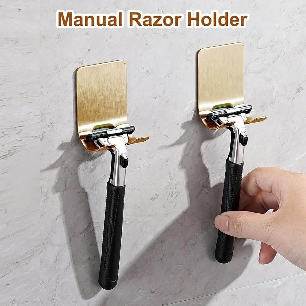 4 Pcs Gold Razor Loofah Holder for Shower Self Adhesive Waterproof Shaver Hooks Waterproof for wall Metal Heavy Duty Utility Storage Hanger Hooks Holder for Towels Accessories Kitchen Bathroom (Gold)