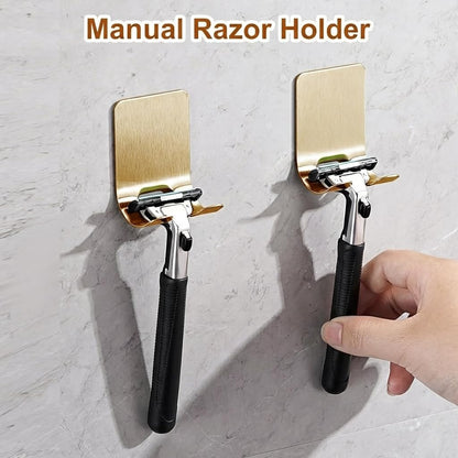 4 Pcs Gold Razor Loofah Holder for Shower Self Adhesive Waterproof Shaver Hooks Waterproof for wall Metal Heavy Duty Utility Storage Hanger Hooks Holder for Towels Accessories Kitchen Bathroom (Gold)